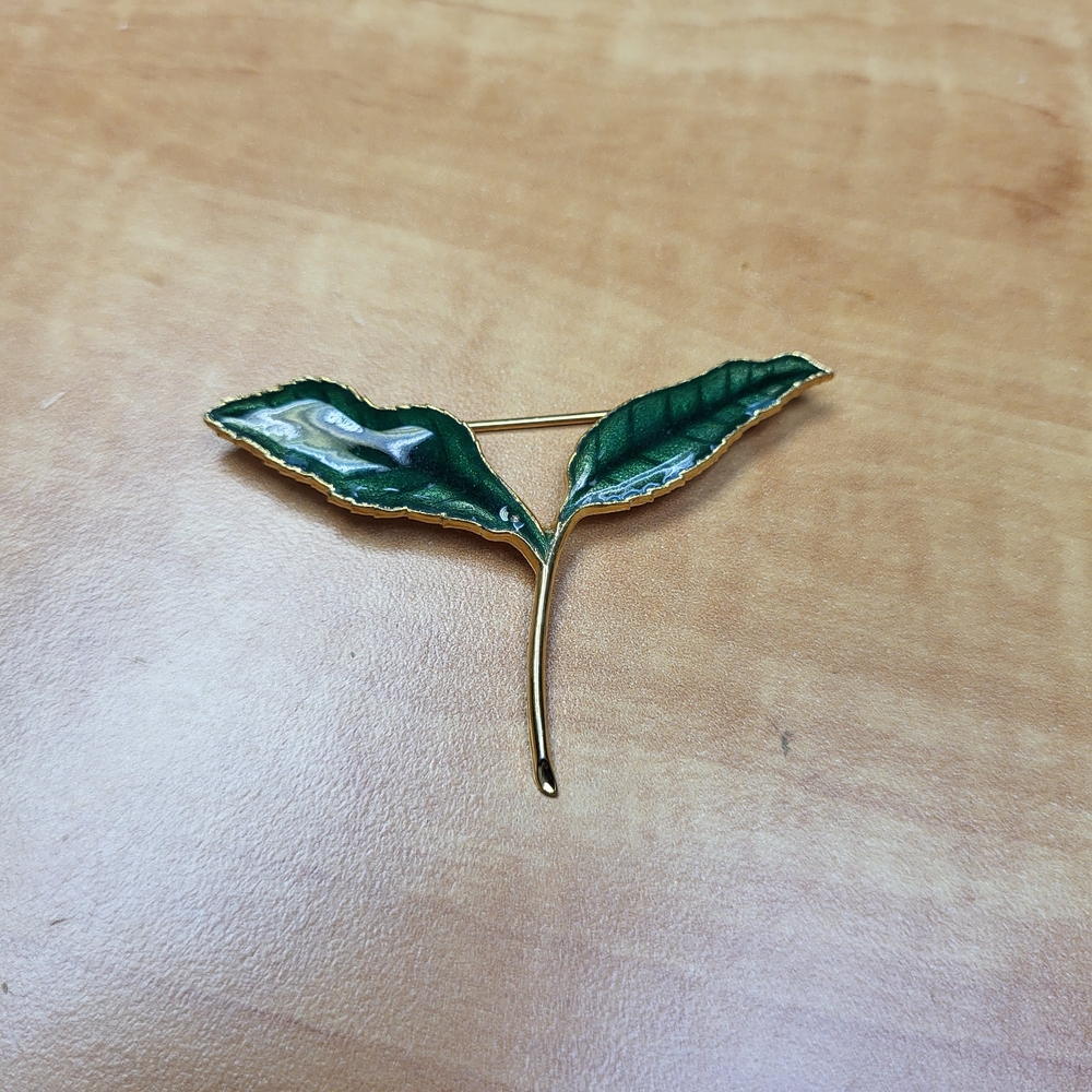 Green Leaf Brooch with Gold Accents